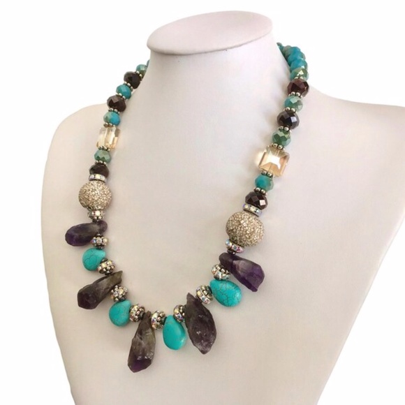 Rough Cut Amethyst Howlite Turquoise Statement Necklace - Picture 6 of 7